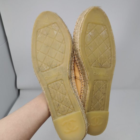 CHANEL Camel Nude Lambskin Espadrilles Logo Cap Toe Double Stack Flats - Picture 10 of 11